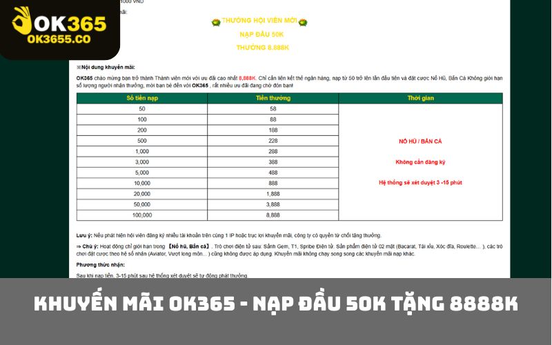 Khuyến Mãi OK365 - Nạp đầu 50K tặng 8888K