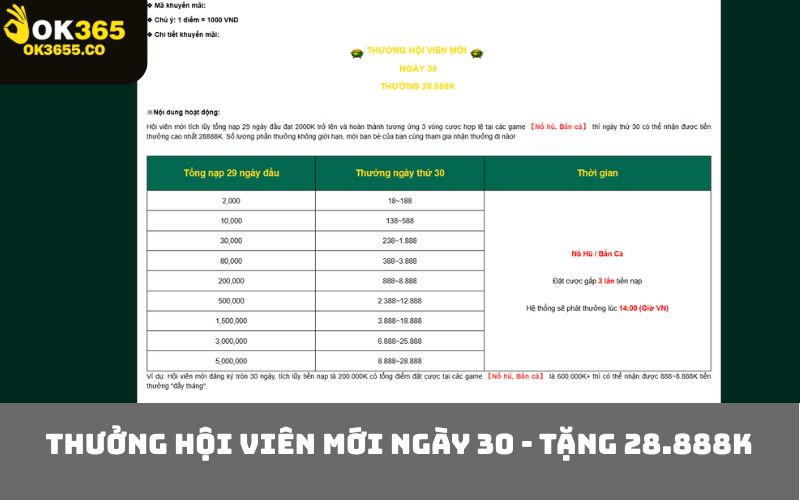 Thưởng hội viên mới ngày 30 - tặng 28.888K